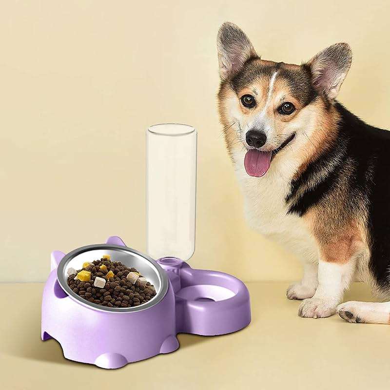 2025 Cats Food and Water Bowl Set Dog Dish with Water Dispenser Double Dog Bowls Automatic Water Dispenser Bottle No-Spill Pet Feeder Removable Cat Dish Pet Feeder Bowl for Dogs (Purple) - Image 3