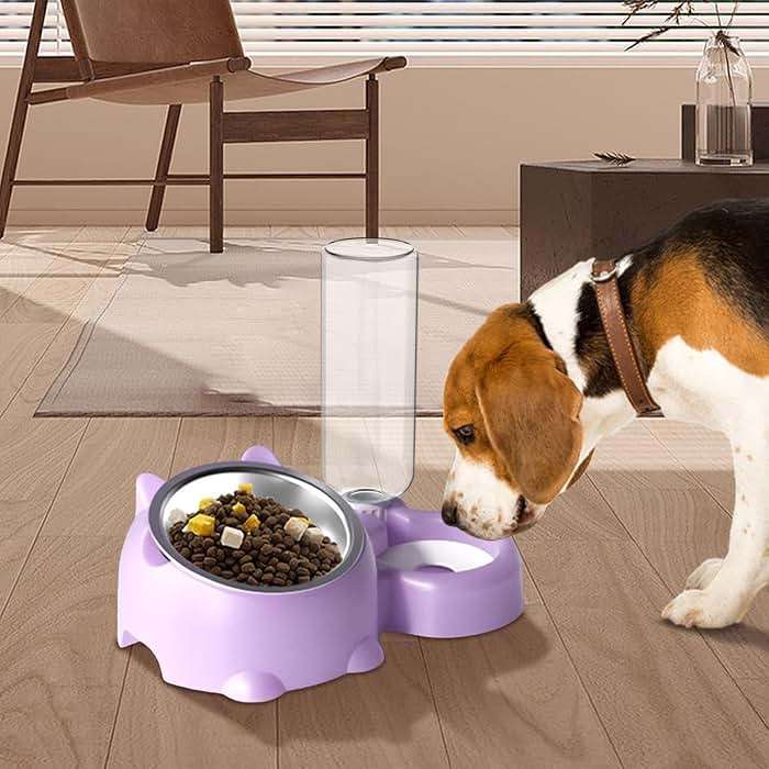 2025 Cats Food and Water Bowl Set Dog Dish with Water Dispenser Double Dog Bowls Automatic Water Dispenser Bottle No-Spill Pet Feeder Removable Cat Dish Pet Feeder Bowl for Dogs (Purple) - Image 4
