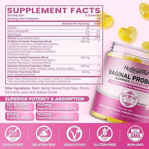 Vaginal Probiotics Gummies for Women Balanced pH, 50 Billion CFUs for Feminine Vaginal odor & Flora, Cranberry, D-Mannose, Vitamin C for Yeast Balance & Immune Health, Sugar Free, Pineapple, 60 Chews - Image 2