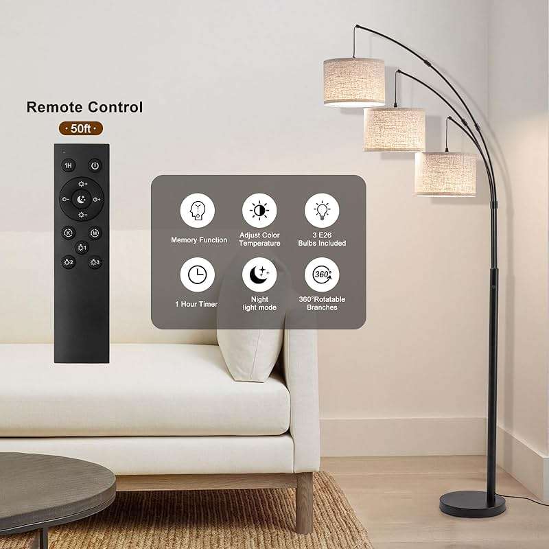 Fansdrick Floor Lamps for Living Room, 2400LM Super Bright Arc Floor Lamp with Remote Control, 3 Light Tall Floor Lamps with Stepless Dimmable, 80" Mid Century Tree Floor Lamp for Bedroom, Office - Image 3