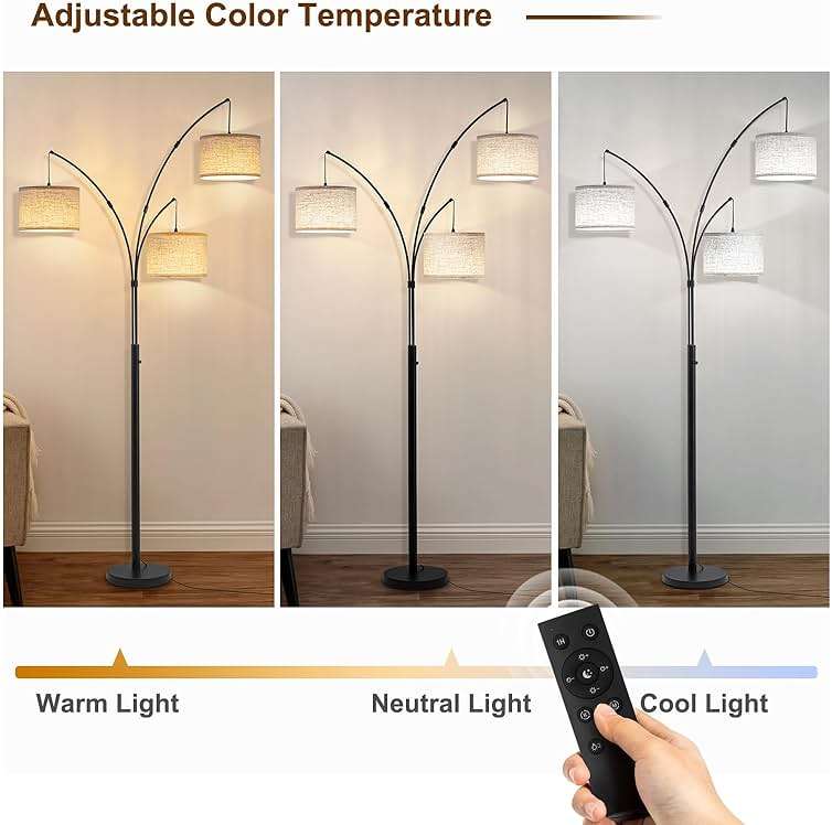 Fansdrick Floor Lamps for Living Room, 2400LM Super Bright Arc Floor Lamp with Remote Control, 3 Light Tall Floor Lamps with Stepless Dimmable, 80" Mid Century Tree Floor Lamp for Bedroom, Office - Image 5