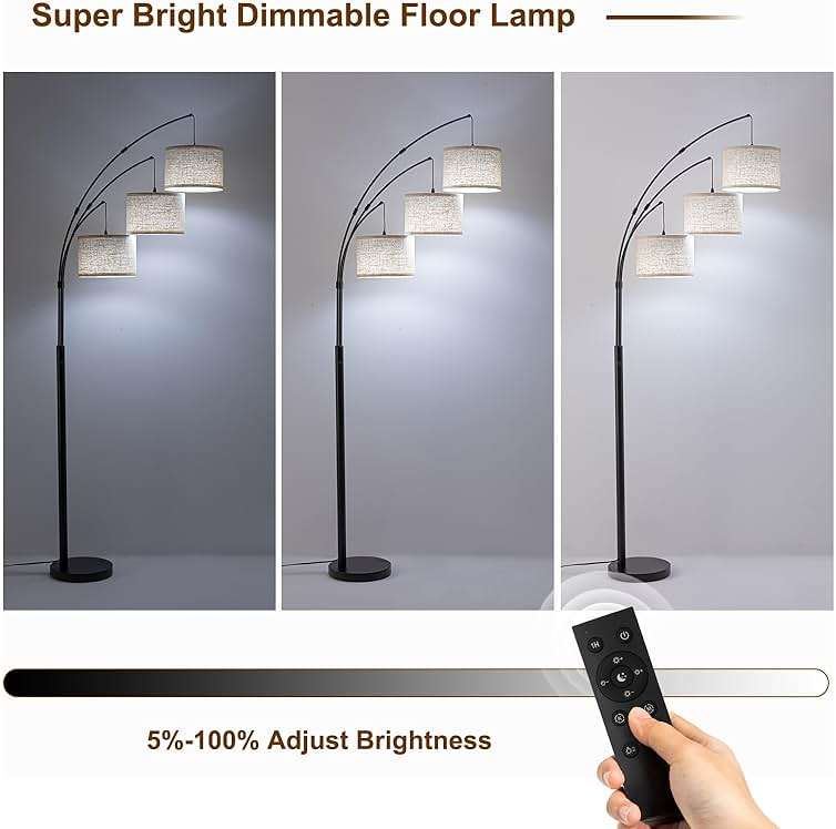 Fansdrick Floor Lamps for Living Room, 2400LM Super Bright Arc Floor Lamp with Remote Control, 3 Light Tall Floor Lamps with Stepless Dimmable, 80" Mid Century Tree Floor Lamp for Bedroom, Office - Image 6