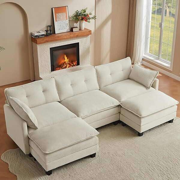 Amsleekey 111.5" U-Shaped Modular Sectional Sofa, Beige Corduroy | 3-Seater Cloud Couch, 2 Movable Ottoman, Flexible Combination, Deep Seat, 2 Sets of Legs of Different Heights for Living Room - Image 1