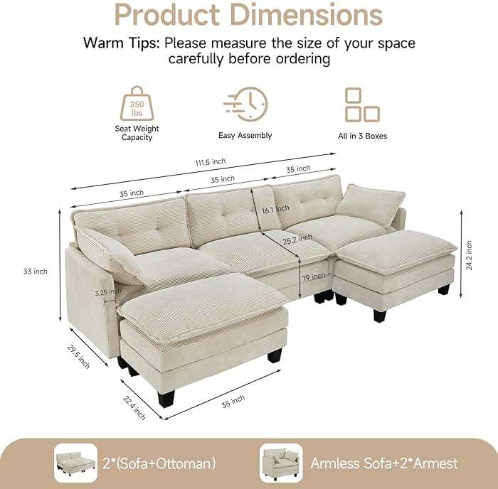 Amsleekey 111.5" U-Shaped Modular Sectional Sofa, Beige Corduroy | 3-Seater Cloud Couch, 2 Movable Ottoman, Flexible Combination, Deep Seat, 2 Sets of Legs of Different Heights for Living Room - Image 2