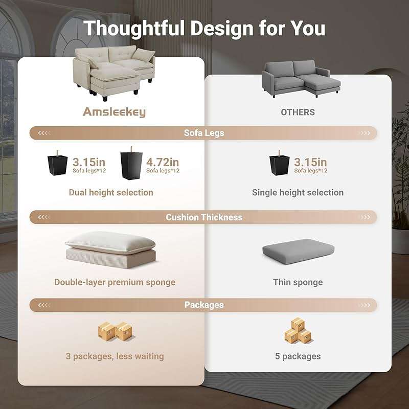 Amsleekey 111.5" U-Shaped Modular Sectional Sofa, Beige Corduroy | 3-Seater Cloud Couch, 2 Movable Ottoman, Flexible Combination, Deep Seat, 2 Sets of Legs of Different Heights for Living Room - Image 3