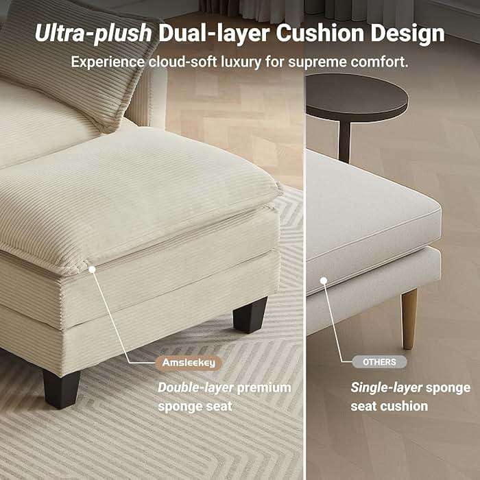 Amsleekey 111.5" U-Shaped Modular Sectional Sofa, Beige Corduroy | 3-Seater Cloud Couch, 2 Movable Ottoman, Flexible Combination, Deep Seat, 2 Sets of Legs of Different Heights for Living Room - Image 5