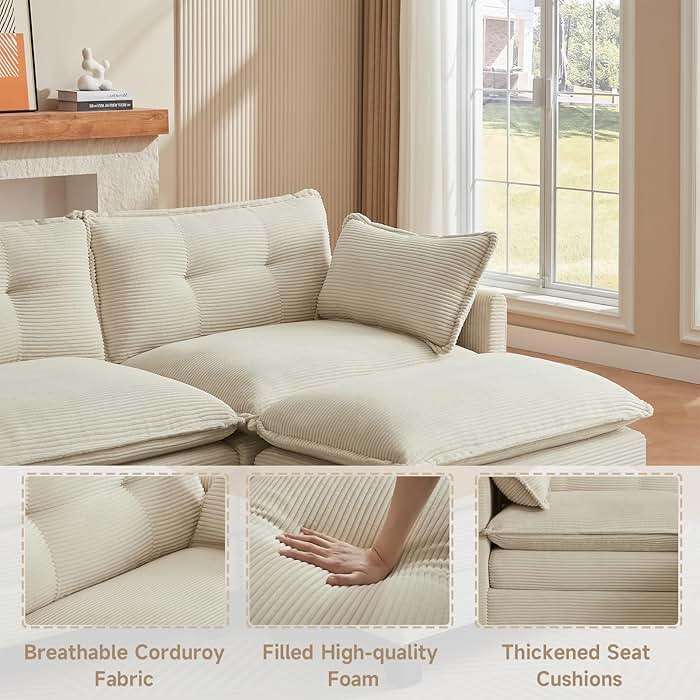 Amsleekey 111.5" U-Shaped Modular Sectional Sofa, Beige Corduroy | 3-Seater Cloud Couch, 2 Movable Ottoman, Flexible Combination, Deep Seat, 2 Sets of Legs of Different Heights for Living Room - Image 6