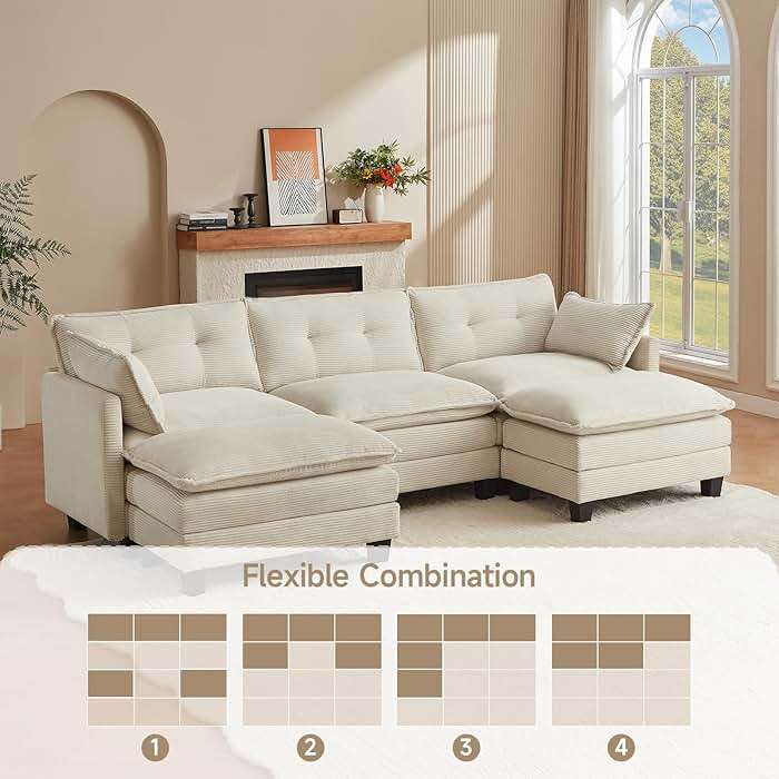 Amsleekey 111.5" U-Shaped Modular Sectional Sofa, Beige Corduroy | 3-Seater Cloud Couch, 2 Movable Ottoman, Flexible Combination, Deep Seat, 2 Sets of Legs of Different Heights for Living Room - Image 7