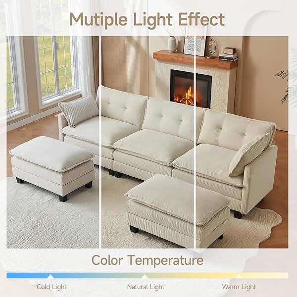 Amsleekey 111.5" U-Shaped Modular Sectional Sofa, Beige Corduroy | 3-Seater Cloud Couch, 2 Movable Ottoman, Flexible Combination, Deep Seat, 2 Sets of Legs of Different Heights for Living Room - Image 8