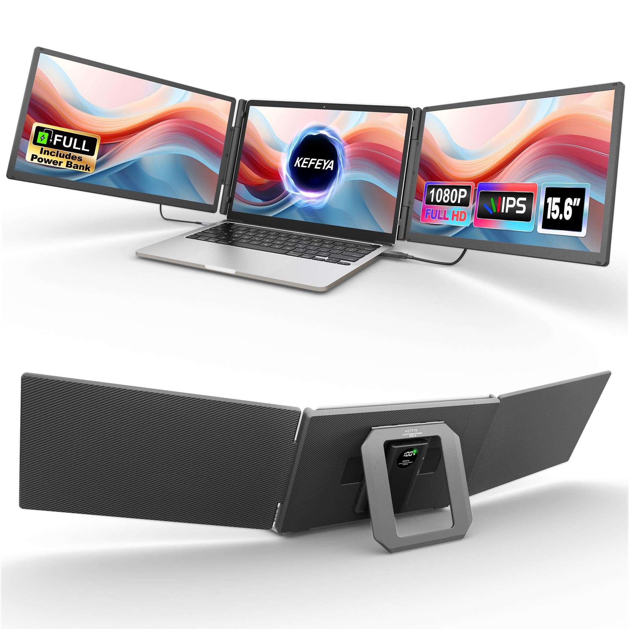 KEFEYA 15.6" Laptop Screen Extender, Includes Power Bank, FHD 1080P IPS Triple Laptop Monitor Extender for 13-17" Laptops, Plug & Play with HDMI/USB-A/TYPE-C/Hub, Compatible with Windows, Mac, Android - Image 1