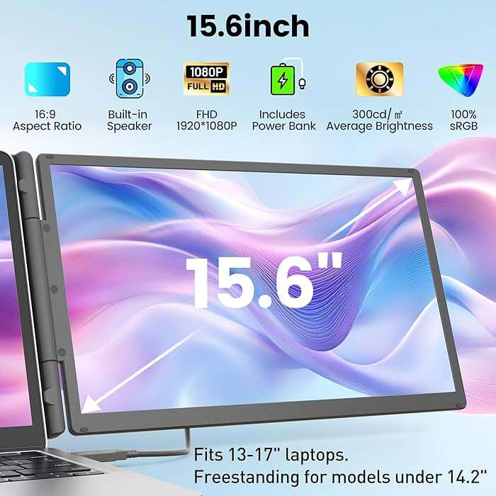 KEFEYA 15.6" Laptop Screen Extender, Includes Power Bank, FHD 1080P IPS Triple Laptop Monitor Extender for 13-17" Laptops, Plug & Play with HDMI/USB-A/TYPE-C/Hub, Compatible with Windows, Mac, Android - Image 2
