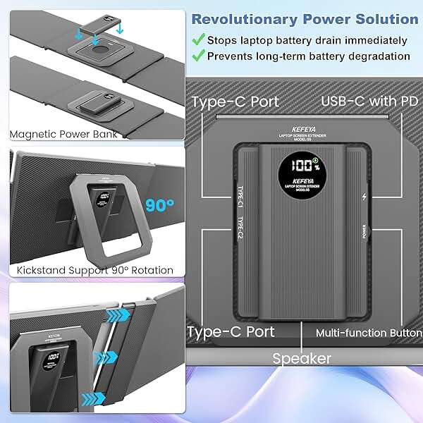 KEFEYA 15.6" Laptop Screen Extender, Includes Power Bank, FHD 1080P IPS Triple Laptop Monitor Extender for 13-17" Laptops, Plug & Play with HDMI/USB-A/TYPE-C/Hub, Compatible with Windows, Mac, Android - Image 3