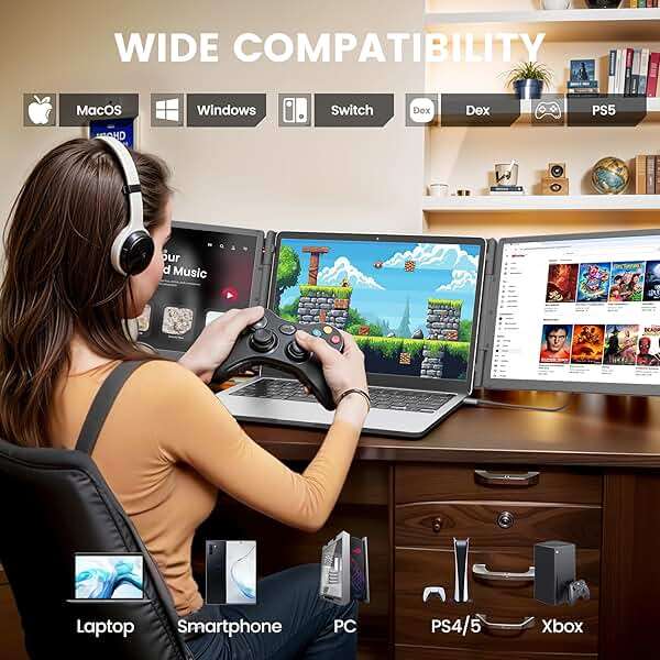 KEFEYA 15.6" Laptop Screen Extender, Includes Power Bank, FHD 1080P IPS Triple Laptop Monitor Extender for 13-17" Laptops, Plug & Play with HDMI/USB-A/TYPE-C/Hub, Compatible with Windows, Mac, Android - Image 8