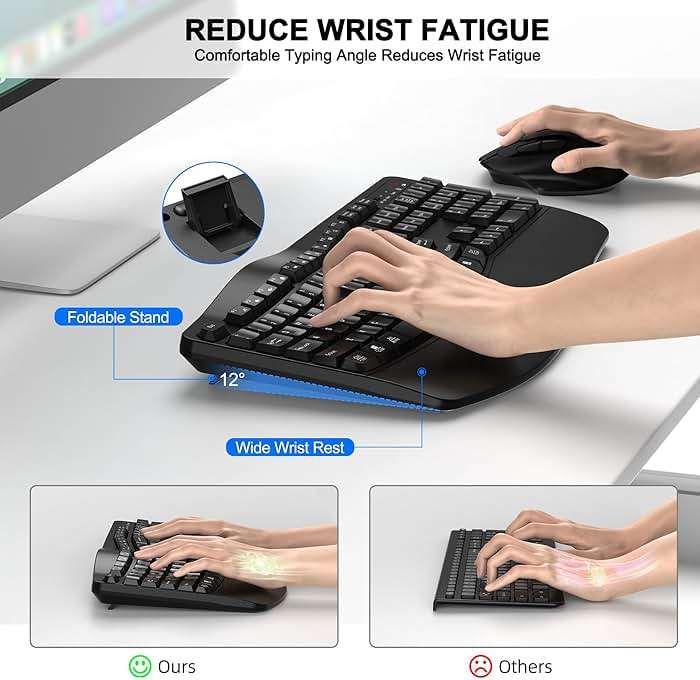 Wireless Keyboard and Mouse Combo, 2.4G Full Size Wave Keys Ergonomic Keyboard with Wrist Rest and 3-Level DPI Adjustable Wireless Ergonomic Mouse for Windows, Mac OS Desktop/Laptop/PC(Black) - Image 3