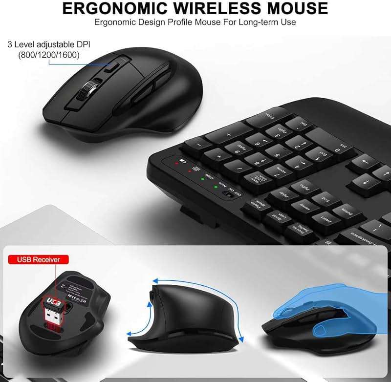 Wireless Keyboard and Mouse Combo, 2.4G Full Size Wave Keys Ergonomic Keyboard with Wrist Rest and 3-Level DPI Adjustable Wireless Ergonomic Mouse for Windows, Mac OS Desktop/Laptop/PC(Black) - Image 4