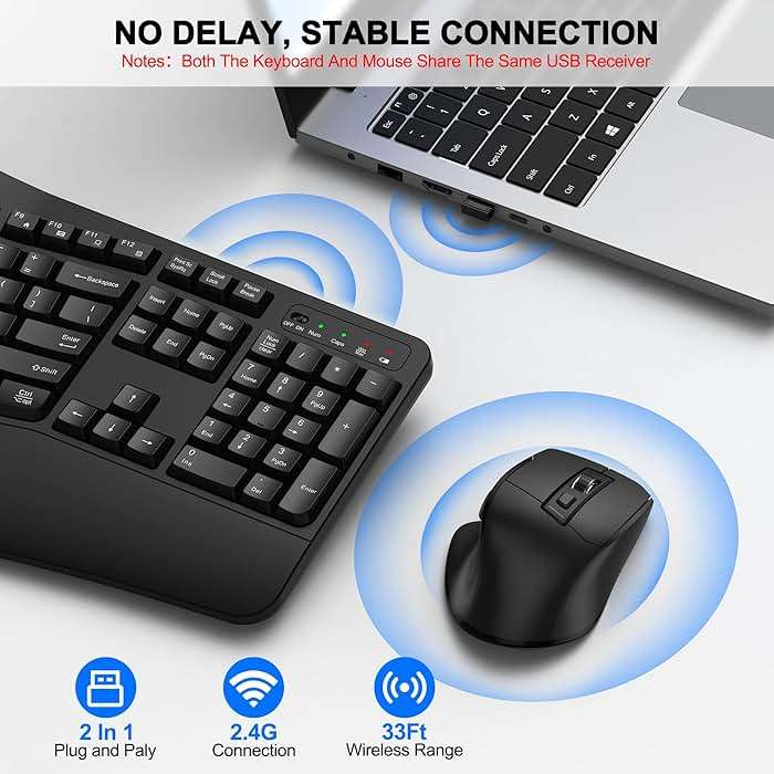 Wireless Keyboard and Mouse Combo, 2.4G Full Size Wave Keys Ergonomic Keyboard with Wrist Rest and 3-Level DPI Adjustable Wireless Ergonomic Mouse for Windows, Mac OS Desktop/Laptop/PC(Black) - Image 5
