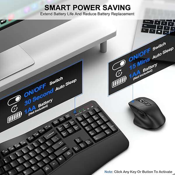 Wireless Keyboard and Mouse Combo, 2.4G Full Size Wave Keys Ergonomic Keyboard with Wrist Rest and 3-Level DPI Adjustable Wireless Ergonomic Mouse for Windows, Mac OS Desktop/Laptop/PC(Black) - Image 6