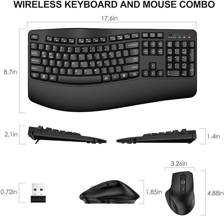 Wireless Keyboard and Mouse Combo, 2.4G Full Size Wave Keys Ergonomic Keyboard with Wrist Rest and 3-Level DPI Adjustable Wireless Ergonomic Mouse for Windows, Mac OS Desktop/Laptop/PC(Black) - Image 8