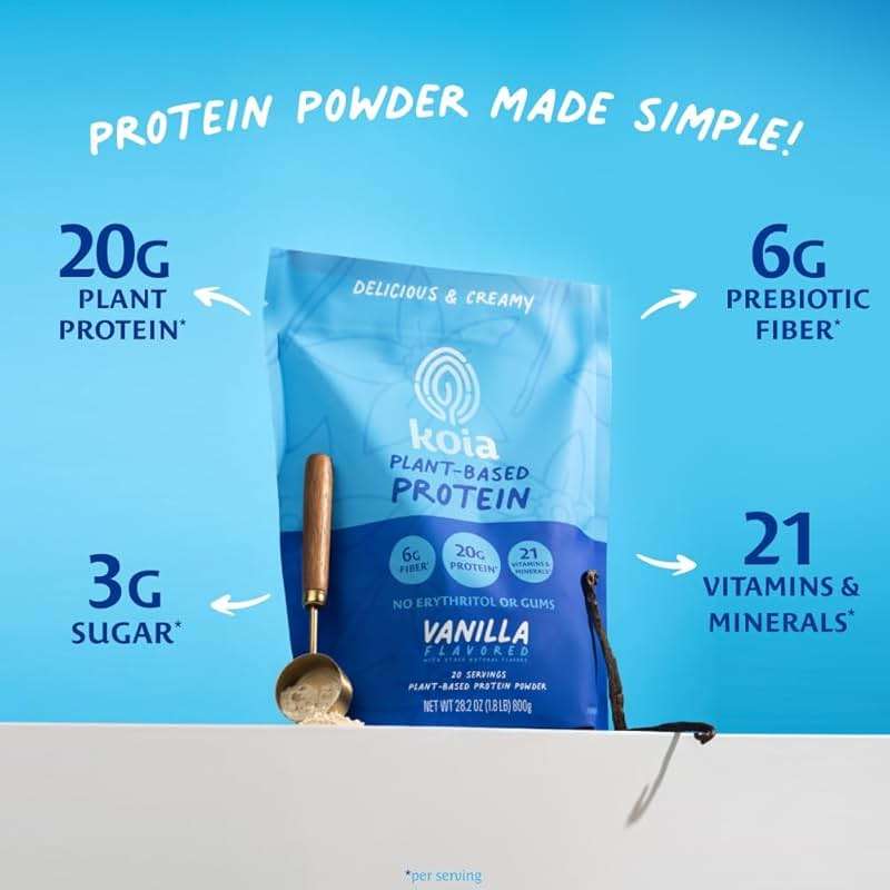 Koia Plant Based Protein Powder, Vanilla, 20g Protein, 3g Sugar, 6g Prebiotic Fiber, Pre & Post Workout, 21 Vitamins & Minerals, No Seed Oils, Dairy-Free, Gluten-Free, Non-GMO, 20 Servings, 28.2 Oz - Image 2