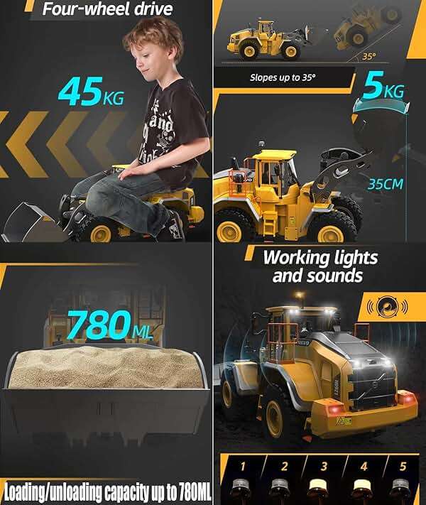WANZRXX 1/16 RC Loader for Adult L260H Remote Control Wheel Loader Metal Shovel & Boom 4WD 2.4G Fully Functional Heavy Duty Construction Vehicle Light Sound Dozer Front Bulldozer Engineering Truck - Image 5