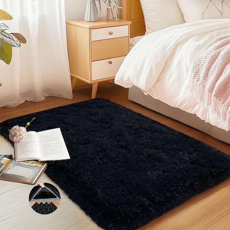 AAFKK Black Area Rug for Bedroom, 2x3 Small Rugs for Living Room Nursery Kids Room Dorm Home Decor Aesthetic, Fluffy Shaggy Rug with 4 Anti-Slip Carpet Tapes - Image 1