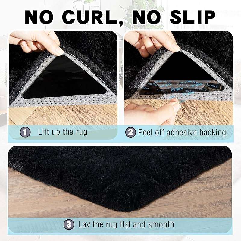 AAFKK Black Area Rug for Bedroom, 2x3 Small Rugs for Living Room Nursery Kids Room Dorm Home Decor Aesthetic, Fluffy Shaggy Rug with 4 Anti-Slip Carpet Tapes - Image 3