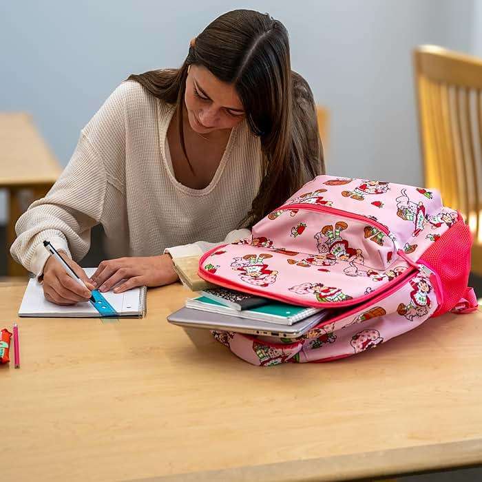 AI ACCESSORY INNOVATIONS Strawberry Shortcake 16” Backpack With Front Pocket for Girls, Allover Print Bookbag featuring Strawberry & Custard, Pink - Image 2