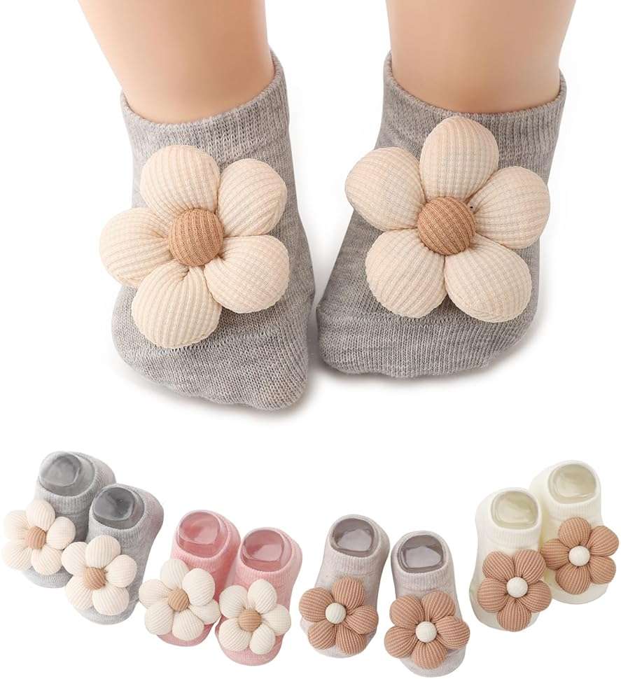 AQOKKA Flower Baby Girls Socks with Non-Slip Grips Cute Cotton Princess Low Newborn Baby Socks for Girls Toddler 0-12 Months - Image 1