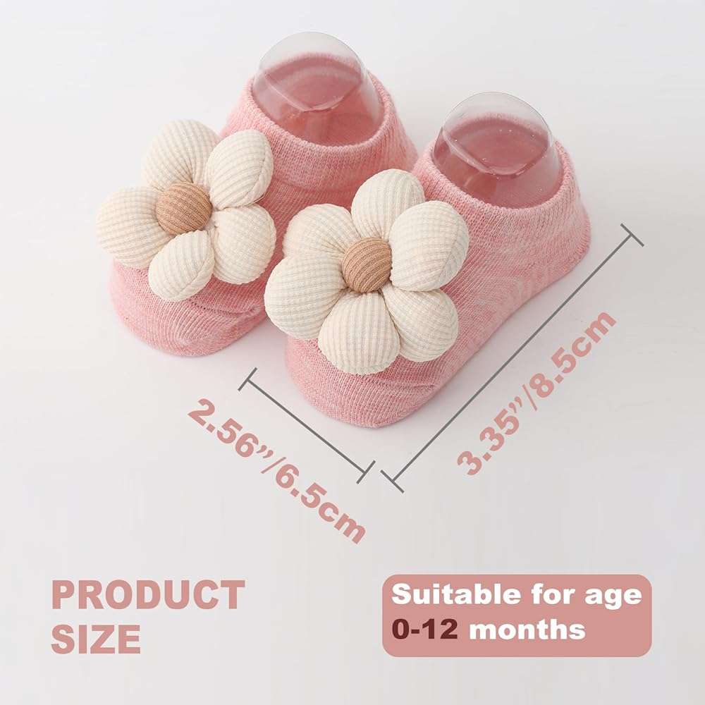 AQOKKA Flower Baby Girls Socks with Non-Slip Grips Cute Cotton Princess Low Newborn Baby Socks for Girls Toddler 0-12 Months - Image 2
