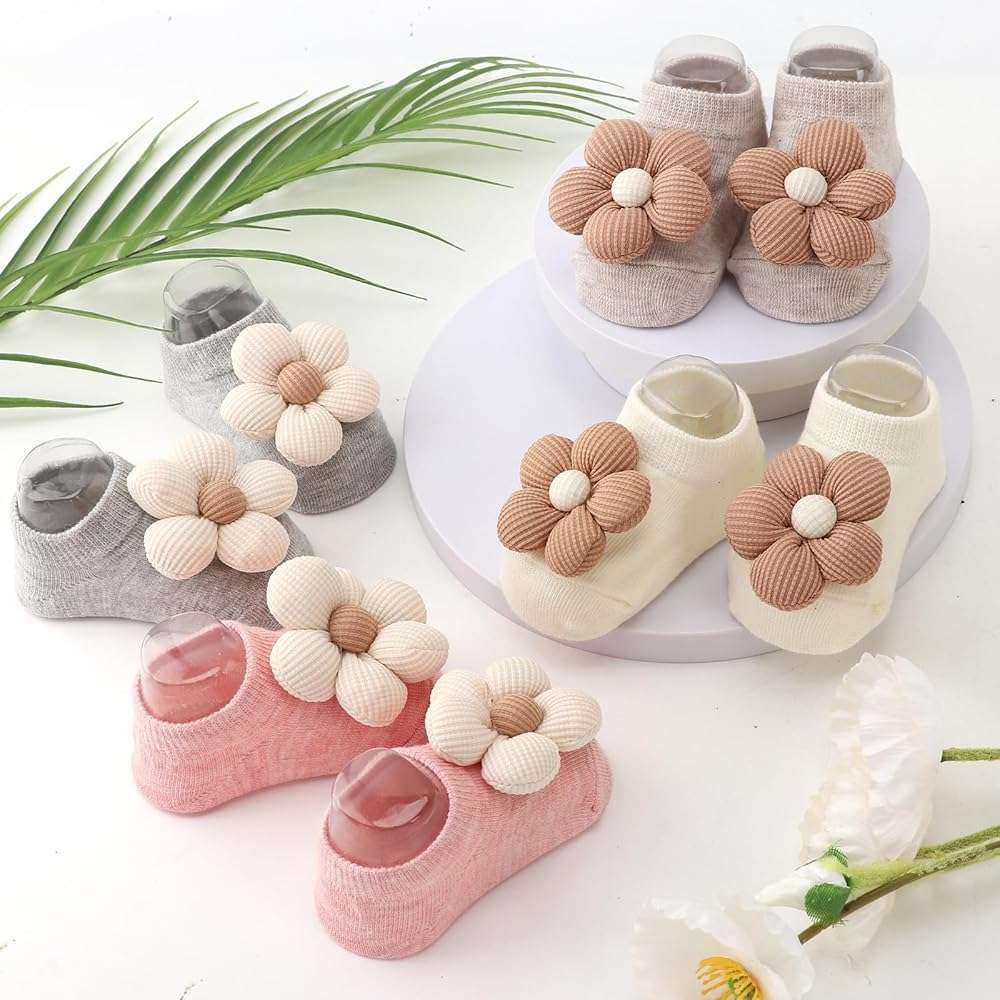 AQOKKA Flower Baby Girls Socks with Non-Slip Grips Cute Cotton Princess Low Newborn Baby Socks for Girls Toddler 0-12 Months - Image 3