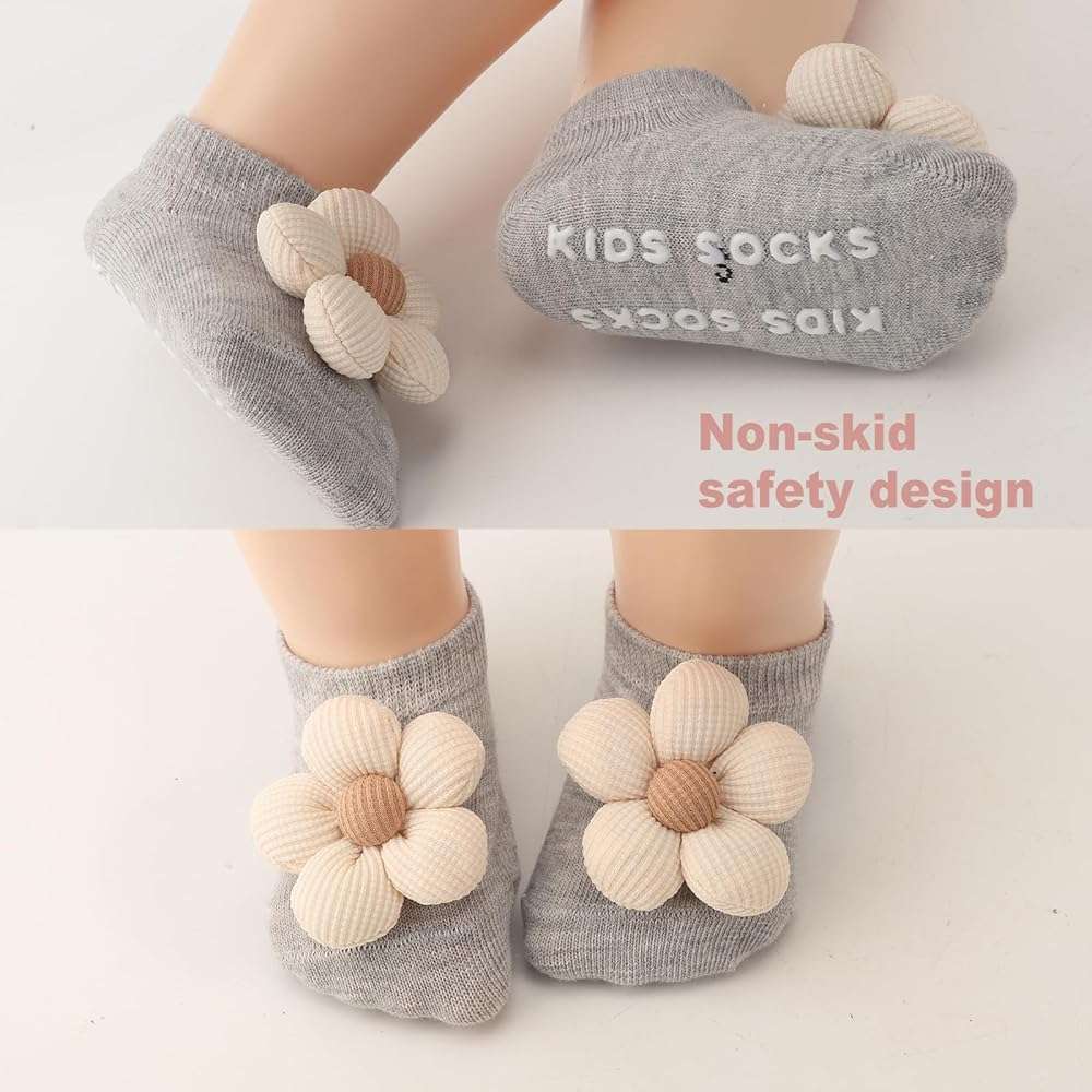 AQOKKA Flower Baby Girls Socks with Non-Slip Grips Cute Cotton Princess Low Newborn Baby Socks for Girls Toddler 0-12 Months - Image 4
