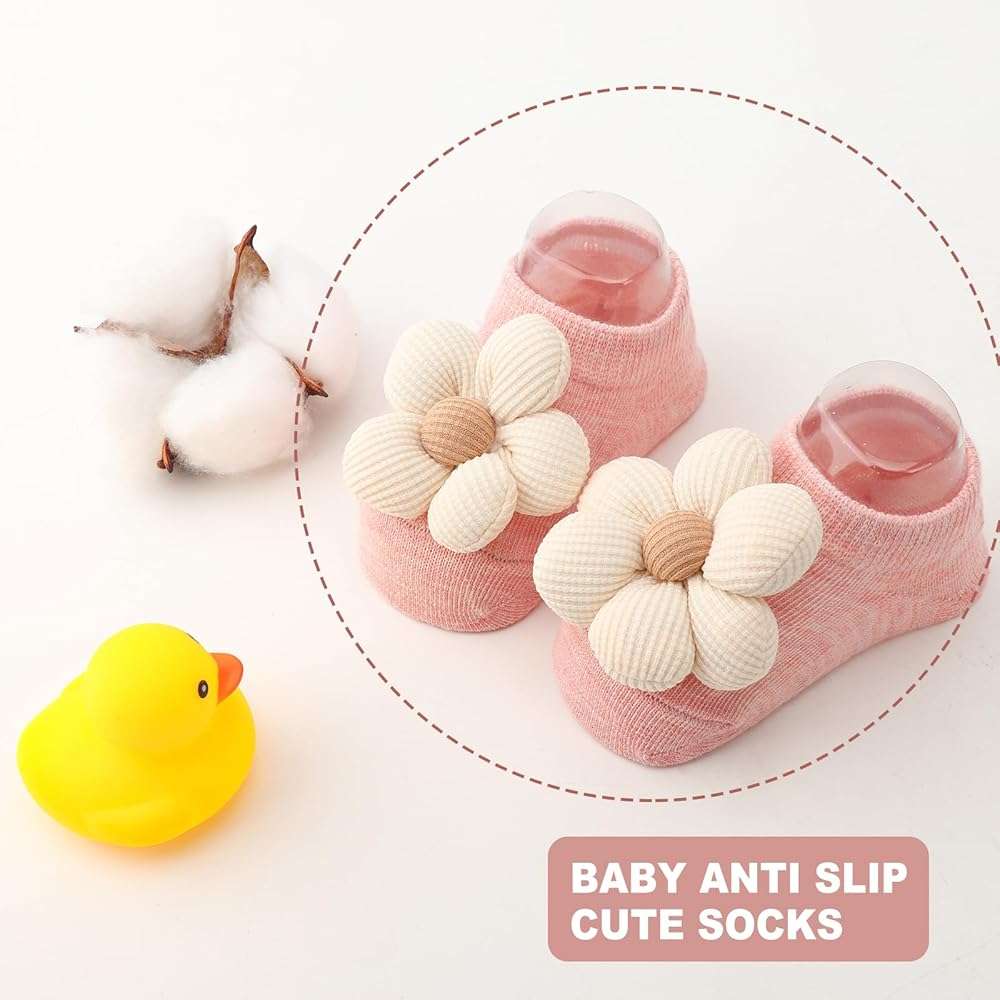 AQOKKA Flower Baby Girls Socks with Non-Slip Grips Cute Cotton Princess Low Newborn Baby Socks for Girls Toddler 0-12 Months - Image 5