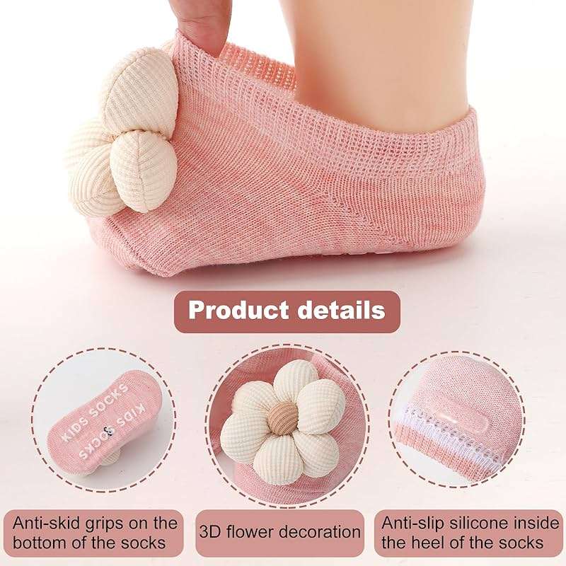 AQOKKA Flower Baby Girls Socks with Non-Slip Grips Cute Cotton Princess Low Newborn Baby Socks for Girls Toddler 0-12 Months - Image 7