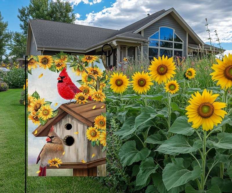 BLKWHT Summer Sunflowers Cardinal Bird Garden Flag 12x18 Vertical Double Sided Yellow Flowers Spring Farmhouse Holiday Outside Decorations Burlap Yard Flag BW815 - Image 4