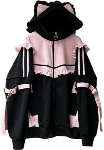 Pokn Tenshii Kawaii Hoodies Jirai Kei Fashion Cute Cat Ears Clothes Oversized Zip Up Hoodie Gothic Top - Image 1
