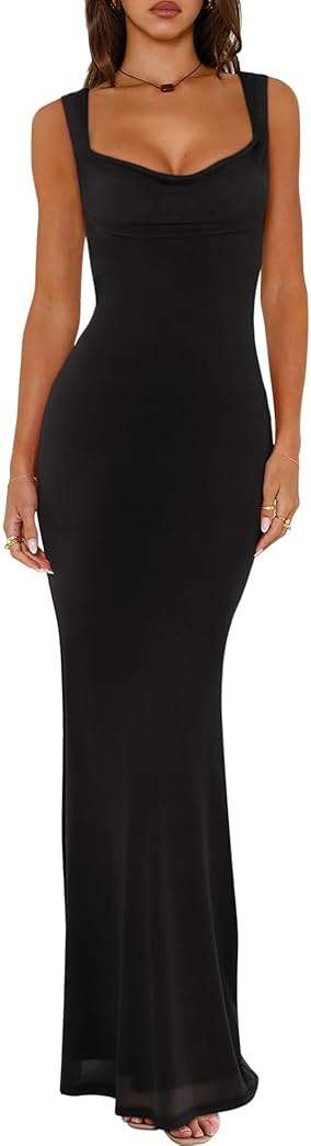 REORIA Women's Summer Cowl Neck Mesh Sleeveless Tank Dress Sexy Double Lined Bodycon Maxi Long Dresses - Image 1