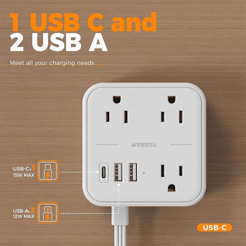 TESSAN Ultra Thin Flat Extension Cord 5 FT, Slim Power Strip with USB Ports (1 USB C), Surge Protector Flat Plug Wall Charger with 3 Outlets for Office, School, Dorm Room Essentials, White - Image 6