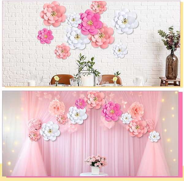 Mooliwe Paper Flowers Decorations for Wall DIY 3D Paper Bulletin Board Mexican Flowers Backdrop Decoration for Classroom Back to School Holiday Party(Pink White,10 Set) - Image 2