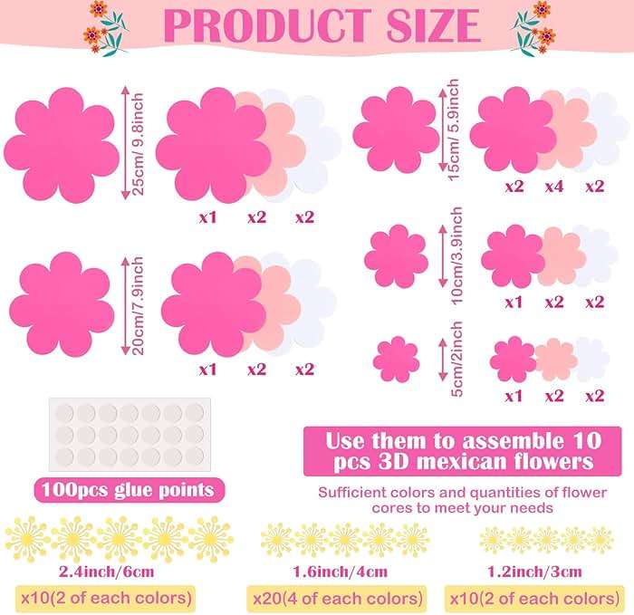 Mooliwe Paper Flowers Decorations for Wall DIY 3D Paper Bulletin Board Mexican Flowers Backdrop Decoration for Classroom Back to School Holiday Party(Pink White,10 Set) - Image 3