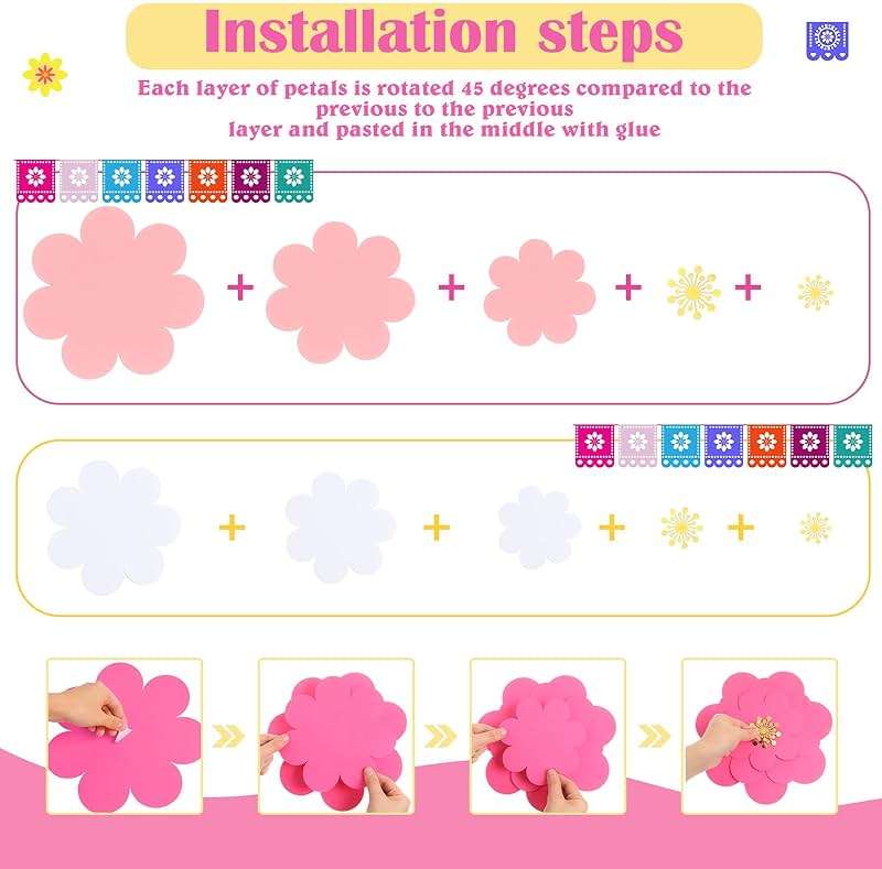 Mooliwe Paper Flowers Decorations for Wall DIY 3D Paper Bulletin Board Mexican Flowers Backdrop Decoration for Classroom Back to School Holiday Party(Pink White,10 Set) - Image 5