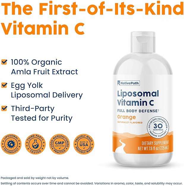NativePath Liposomal Vitamin C 500mg from Whole-Food Amla Fruit - Soy-Free Egg Yolk Lecithin Liposomes - Orange Flavor Liquid for High Absorption Daily Immune & Collagen Support - 30 Servings - Image 3