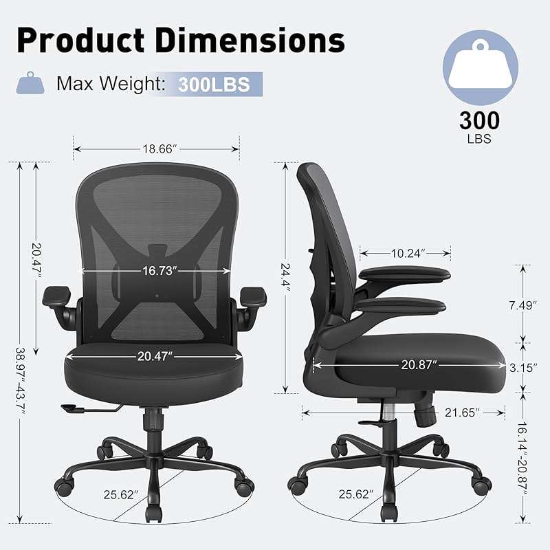 Keratee Ergonomic Office Chair with Adjustable Lumbar Support, 300 lbs Swivel Desk Chair with Flip-Up Arms, Mesh Comfy Padded Seat for Computer and Home, Black - Image 2