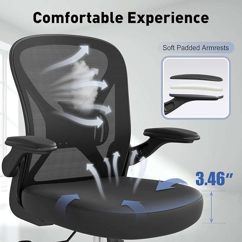 Keratee Ergonomic Office Chair with Adjustable Lumbar Support, 300 lbs Swivel Desk Chair with Flip-Up Arms, Mesh Comfy Padded Seat for Computer and Home, Black - Image 3