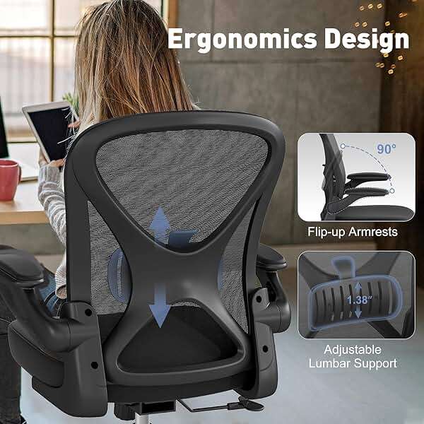 Keratee Ergonomic Office Chair with Adjustable Lumbar Support, 300 lbs Swivel Desk Chair with Flip-Up Arms, Mesh Comfy Padded Seat for Computer and Home, Black - Image 4