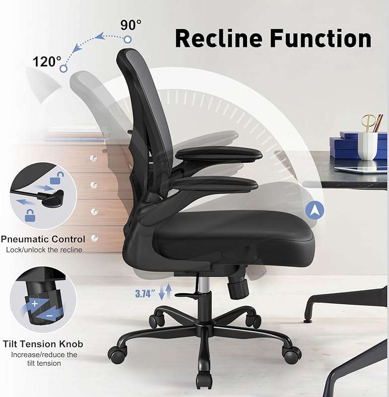 Keratee Ergonomic Office Chair with Adjustable Lumbar Support, 300 lbs Swivel Desk Chair with Flip-Up Arms, Mesh Comfy Padded Seat for Computer and Home, Black - Image 5