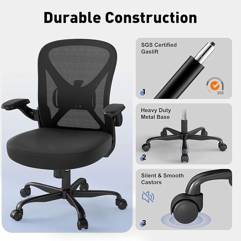 Keratee Ergonomic Office Chair with Adjustable Lumbar Support, 300 lbs Swivel Desk Chair with Flip-Up Arms, Mesh Comfy Padded Seat for Computer and Home, Black - Image 6