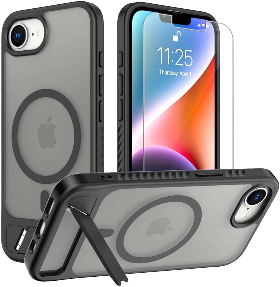 for iPhone 16E / iPhone 17E case: [fit for Magsafe] Strong Magnetic & Invisible Stand, with Screen Protector, Adjustable Kickstand Frosted Translucent Matte Phone Case for iPhone 17e/16e, Black - Image 1