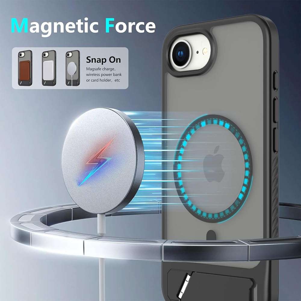 for iPhone 16E / iPhone 17E case: [fit for Magsafe] Strong Magnetic & Invisible Stand, with Screen Protector, Adjustable Kickstand Frosted Translucent Matte Phone Case for iPhone 17e/16e, Black - Image 2