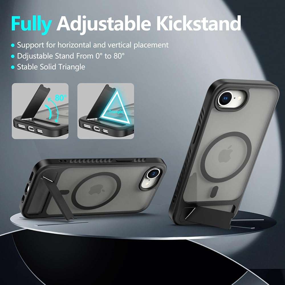 for iPhone 16E / iPhone 17E case: [fit for Magsafe] Strong Magnetic & Invisible Stand, with Screen Protector, Adjustable Kickstand Frosted Translucent Matte Phone Case for iPhone 17e/16e, Black - Image 3