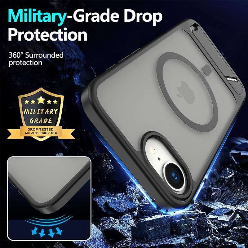 for iPhone 16E / iPhone 17E case: [fit for Magsafe] Strong Magnetic & Invisible Stand, with Screen Protector, Adjustable Kickstand Frosted Translucent Matte Phone Case for iPhone 17e/16e, Black - Image 4